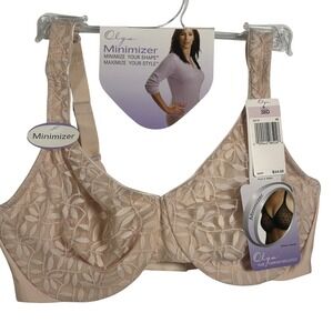 Olga Minimizer Bra 38D Sheer Leaves Lace Underwire Full Coverage Nude